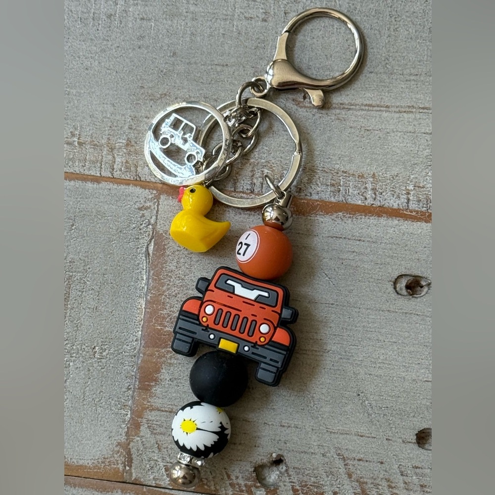 Orange Jeep Themed Keychain with Duck and Beads